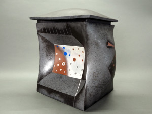 View of house-shaped stoneware sculpture named House, Bending and Giving In (2006) by Hayashi Yasuo, born 1928.