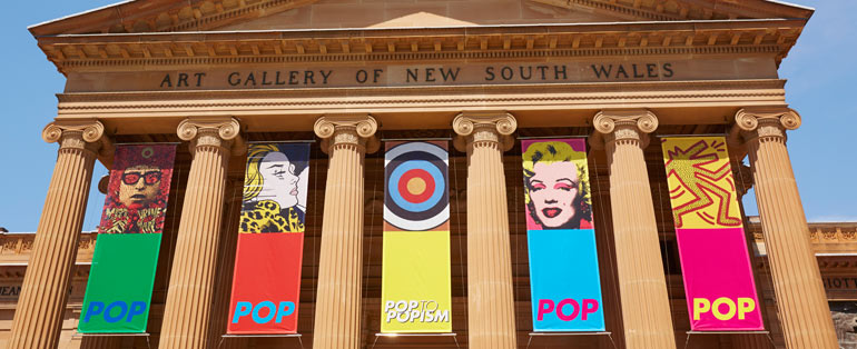 View of hanging banners along the front of Art Gallery of NSW, Pop to popism at the Art Gallery of NSW, 1 November 2014 – 1 March 2015